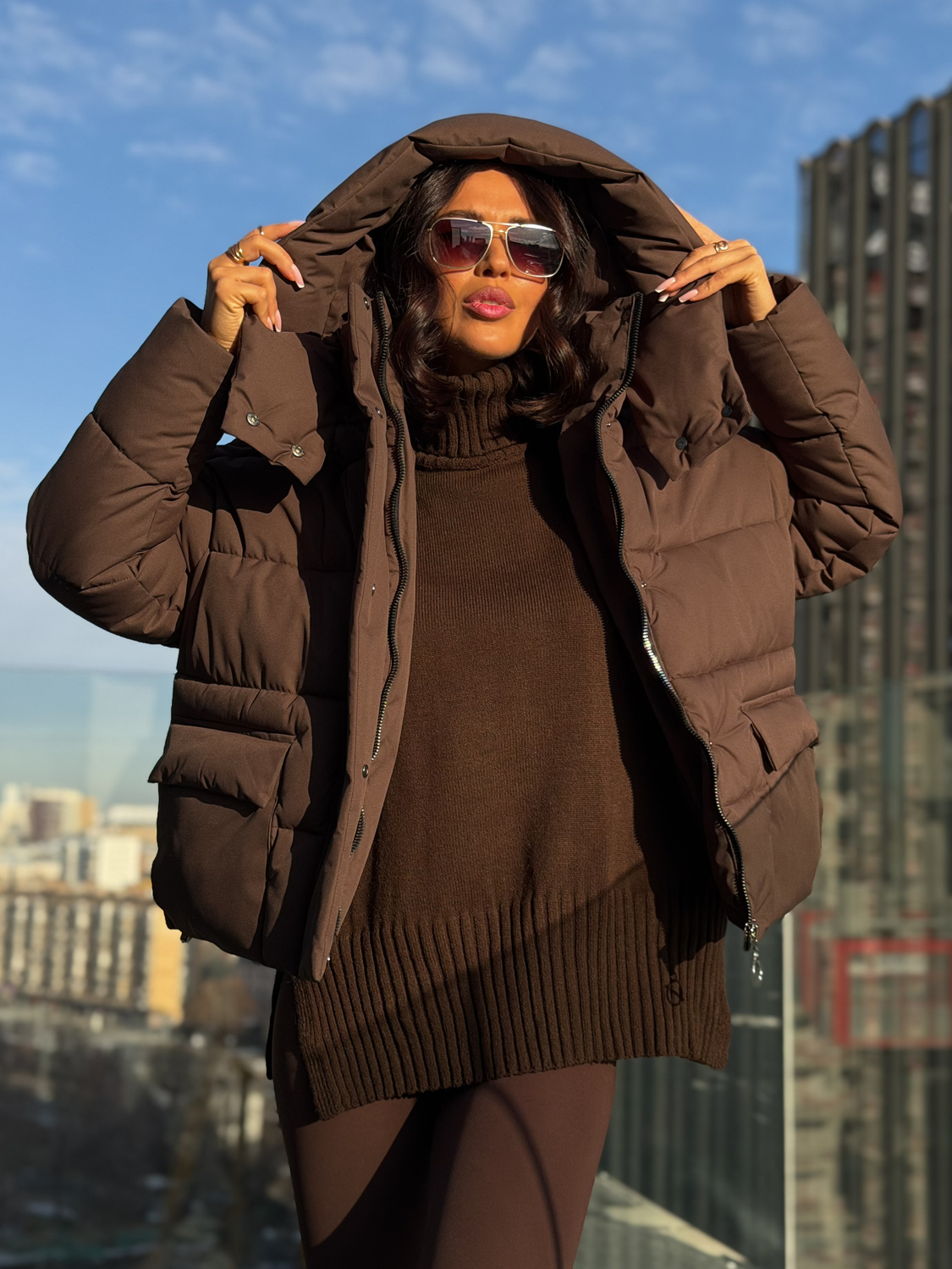 Куртка зимняя короткая дутая пуховик зефирка оверсайз шоколад (коричневая)