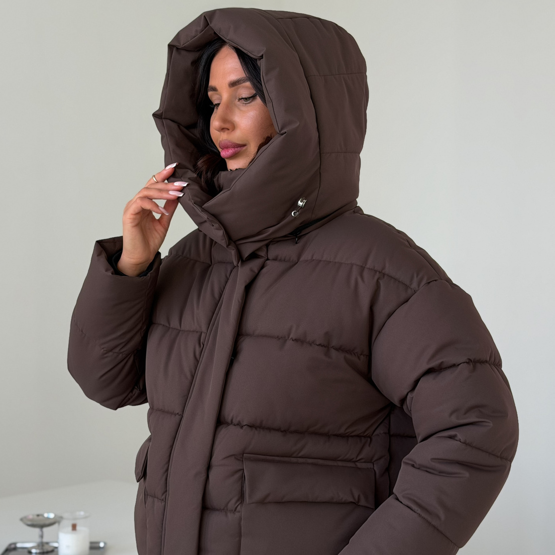 Куртка зимняя короткая дутая пуховик зефирка оверсайз шоколад (коричневая)