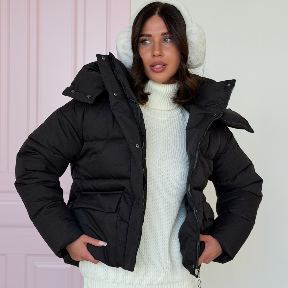 Куртка женская зимняя короткая дутая пуховик зефирка оверсайз черная Куртка женская зимняя короткая дутая пуховик зефирка оверсайз черная