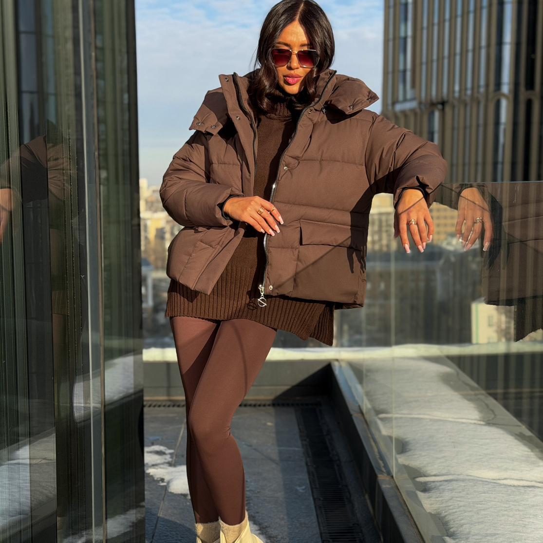Куртка зимняя короткая дутая пуховик зефирка оверсайз шоколад (коричневая)