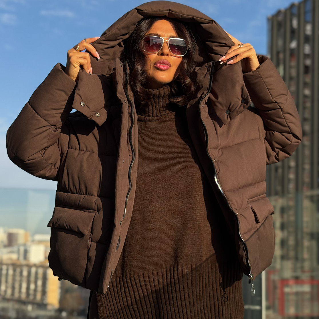 Куртка зимняя короткая дутая пуховик зефирка оверсайз шоколад (коричневая)